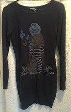 Gran Oriente Blue Long Sleeve Sweater Dress w/Girl Bejeweled Graphic Size Small