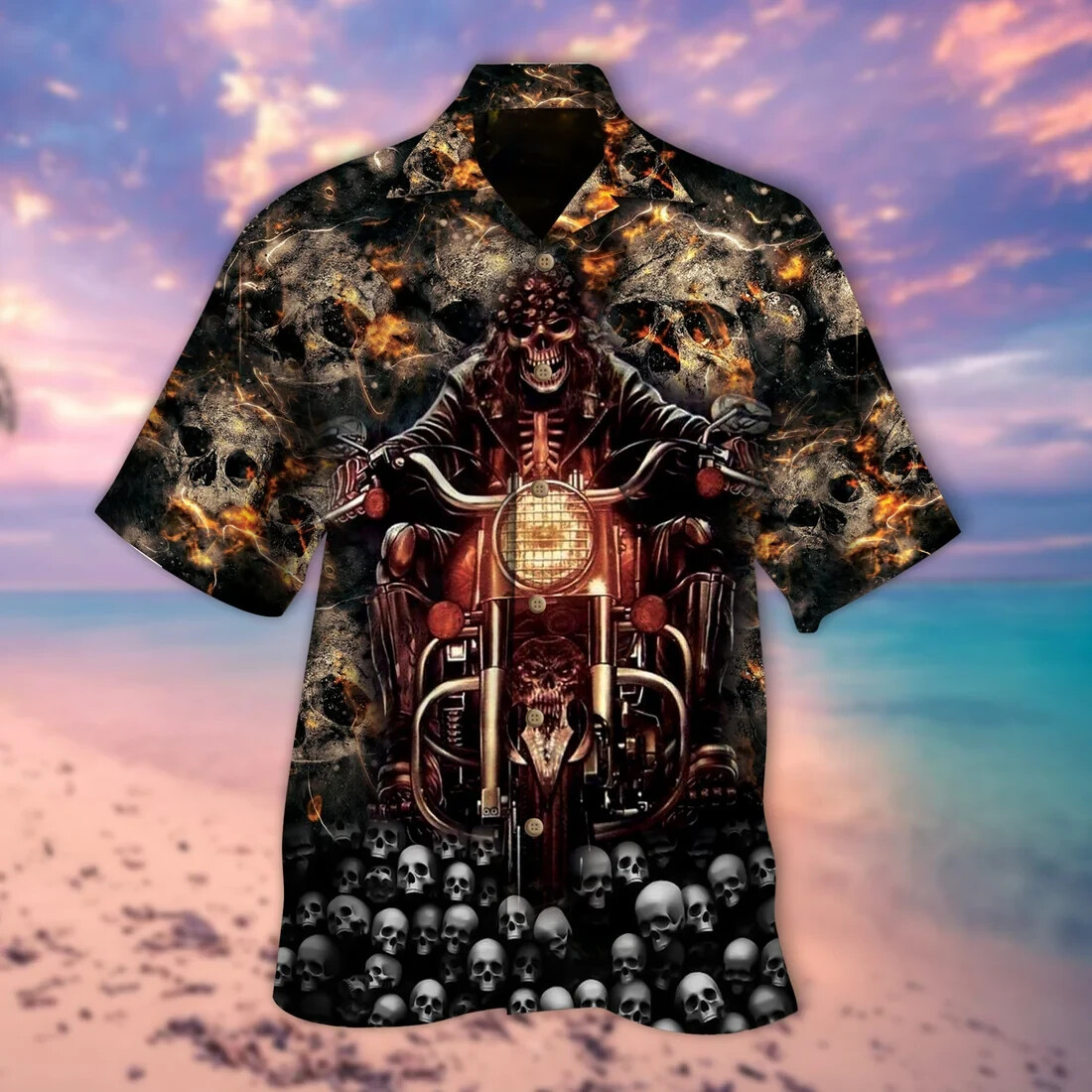 Cute Ghost Biker On Skulls 3D Hawaiian Shirt, Lasfour Skull