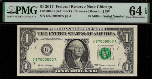 2017 $1 Federal Reserve Note - PMG 64EPQ - 67 Million Serial Number - 6700000 - Picture 2 of 3