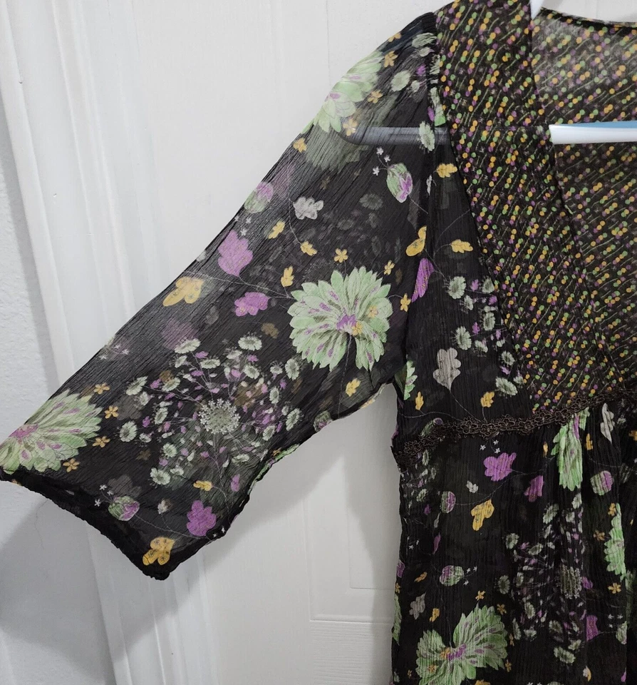 LUX Women's 3/4 Sleeve V Neck Sheer Empire Waist Babydoll Blouse Top 100% Silk S - Image 4 of 4