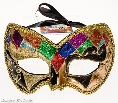 Mardi Gras Mask Gold Multi Color Diamond Patterned Glitter Eye Mask 