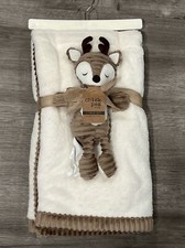 New Chick Pea Cream Winter Baby Blanket Set Brown Ribbed Trim Plush Deer Toy