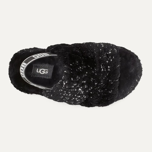 NUOVO UGG bambino giovane Fluff Yeah metallizzato scintillante nero slingback slide pantofole - Foto 5 di 6