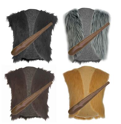 ひで Adults Caveman Viking Faux Fur Waistcoat & Club Medieval