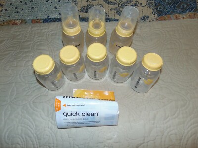 EIGHT MEDELA DRINKING, COLLECTION & STORAGE BOTTLES, NIPPLES, TOPS, CLEANING BAG