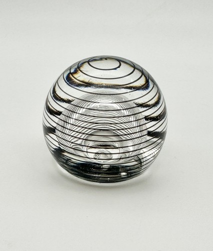 Signed Art Glass Paperweight Brown Swirls in Clear Glass Controlled Bubbles