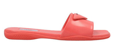 Prada Corallo Red Rubber Leather Triangle Logo Slide Sandal Flip Flop Flat 36.5