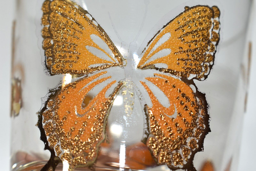 Vintage MCM Libbey Gold Orange Butterfly Set 6 Tumbler Drinking Glasses AS-IS - Picture 8 of 14