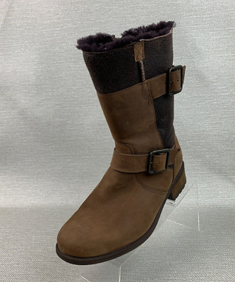 Ugg Boots Oregon Stout Brown Leather Mid Calf Buckle Straps Lined Size EU38/US7