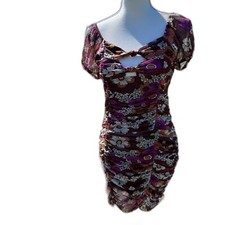 Madden NYC Retro Floral Ruched Dress Cut Outs Size Medium BodyCon Short Sleeve