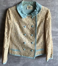 Vintage 1960s Junior Accent Ivory & Blue Floral Lace Double-Breasted Blazer Sz M