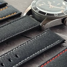 Premium Sailcloth Watch Strap Band  Leather Lined Black Canvas  20mm 22mm