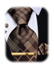 Silk Checkered Ties for Men Brown Necktie Pocket Square Cufflinks Set Tie Cli...