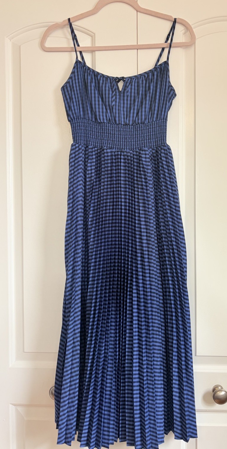 J. Crew Midi Dress Sz 2 Smocked Waist Pleated Gingham Blue W Pockets Cottagecore