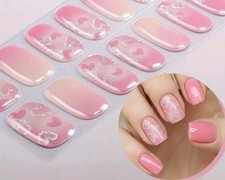 16  Semi Cured Gel Nail Stickers Wraps UV Lamp Required Heart Glitter Pink 49