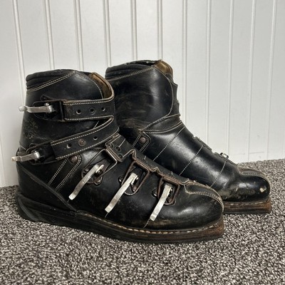 Vintage 1960s Raichle Swiss Leather Buckle Ski Boots Black Retro Lodge Decor