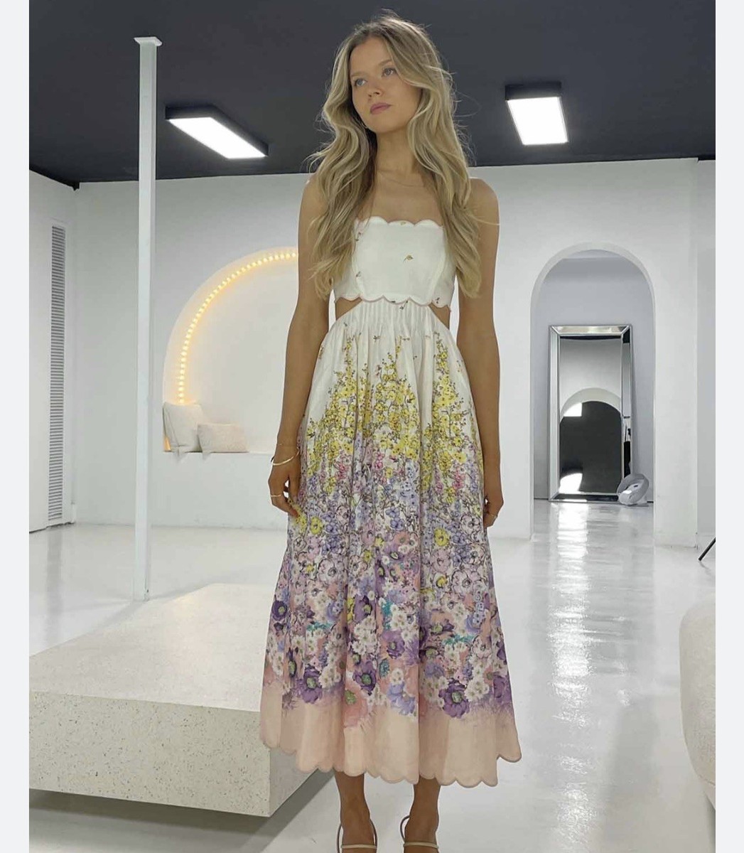 NWOT Zimmermann Jude Scallop Floral Cut Out Open Back Midi Linen