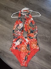 Modcloth Orange Floral Bethany One-Piece Plunge V-Neck Swimsuit Size Small NWOT