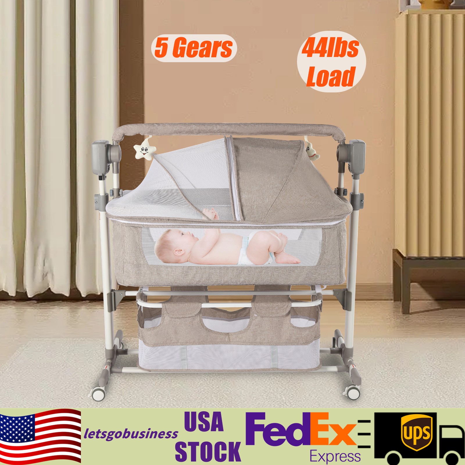 Adjustable Smart Baby Bassinet Height Bedside Music Cradle Baby Bed Crib 20kg US