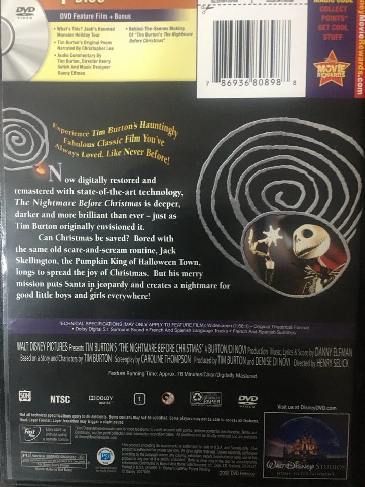 THE NIGHTMARE BEFORE CHRISTMAS DVD 1993 Animated Feature AS NEW! *REGION 1* - Image 2 of 2