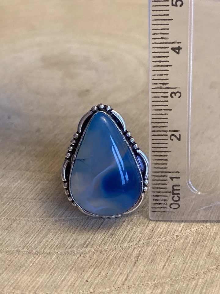 Blue Lace Agate Adjustable Teardrop Ring Size N-R Sterling Silver 925 Plated - Image 2 of 4