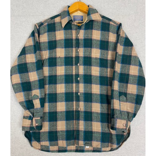 Pendleton, Vintage 60s Pendleton Wool Flannel Shirt Mens L Green Plaid USA Made Button Down