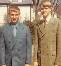 Vintage Photo 1970 Two Teenage Boys in Suits Outside Family Home Springtime
