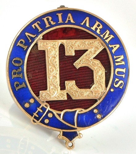 CIVIL WAR ERA PRO PATRIA ARMAMUS BROOKLYN 13TH REGIMENT 14K GOLD MEDAL PIN NY !!