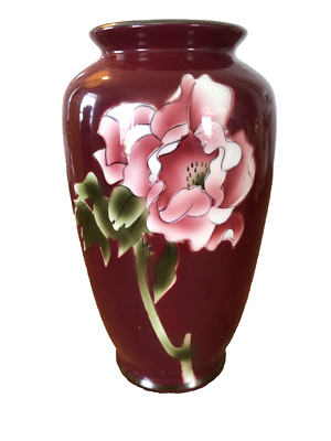 Vintage Kokusui  Red Vase With Rose  7'' Tall, Made In Japan