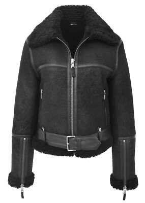 Damen Echt Lammfell Fliegerjacke Schwarz B3 Bomber Flieger Gürtel Shearling
