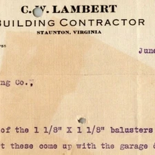 1916 Scarce C.W. Lambert Building Contractor Staunton, VA Letterhead Billhead