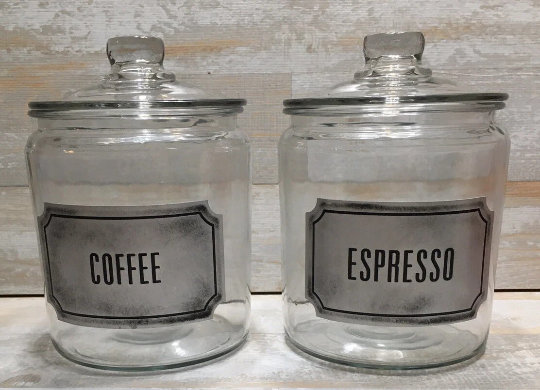 Set 2 Large Farmhouse Clear Glass Canister Dry Goods Apothecary Coffee Lid Jars