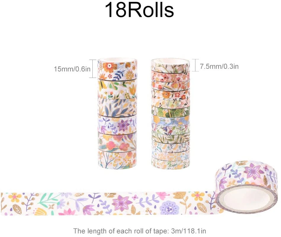Juego de 18 rollos de cinta Washi dorada floral VSCO lámina adhesiva cinta artesanal decorativa Foto 2 de 4