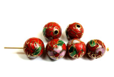 6 Pcs  Vintage CLOISONNE BEADS  RED  GOLD  10mm Round  ENAMEL
