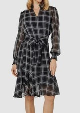 Tommy Hilfiger Women Black Plaid Split Neck Ruffled Long Sleeve Dress Size 12