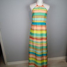 ANN TAYLOR STRIPED PASTEL HALTER NECK MAXI DRESS PEACH GREEN LINED sz 4 h3