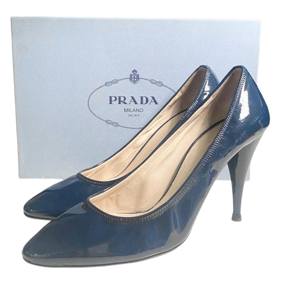 Prada Patent Leather Pump Heels Navy Blue Size: