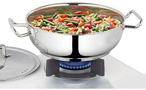 Stainless steel Flat kadhai with Steel Lid Cooking Wok Karahi Kadai 1.8 Liter