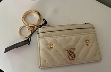 Victoria Secret studded quilted Card Case Keychain Coin Wallet Cream New