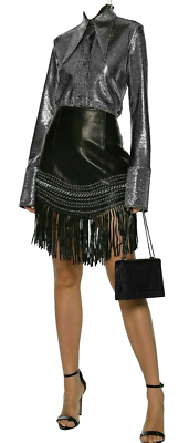 【関税&送料込み】Balmain Long Skirt Balmain Paris Leather Fringed Mini Skirt Stud Chain Rock 40
