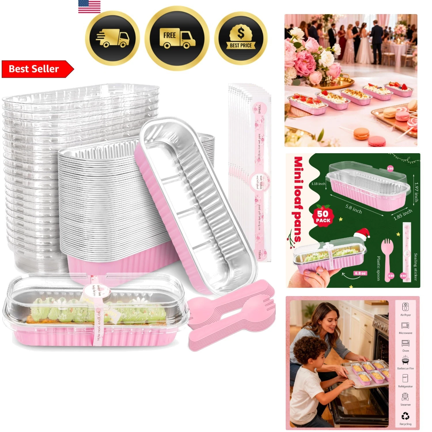 Mini Cake Pans with Lids and Spoons 50 Pack Portable Foil Bread Pans