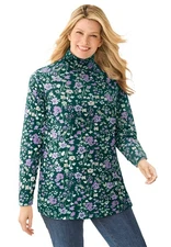 Woman Within Plus Size Perfect Printed Long-Sleeve Turtleneck Tee