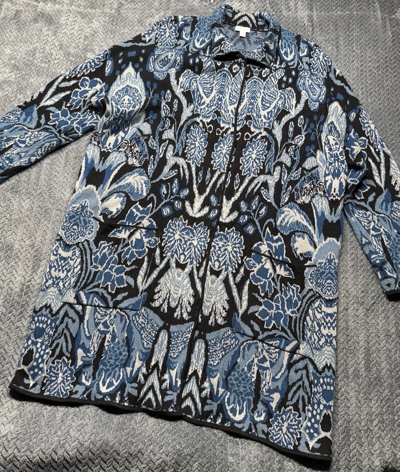 J.Jill Suéter Abrigo Mujer XL Azul Negro Floral Mezcla Lana Chaqueta Abierta Bolsillos Foto 2 de 4