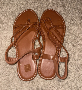 Women’s Brown Leather Braided Strappy Slip-On Flat Sandals EU 38 US 7