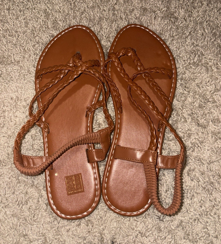 Women’s Brown Leather Braided Strappy Slip-On Flat Sandals EU 38 US 7