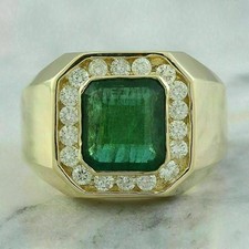 Emerald Cut 3.50 Ct Emerald & Diamond Men's Engagement Ring 14k Yellow Gold Over