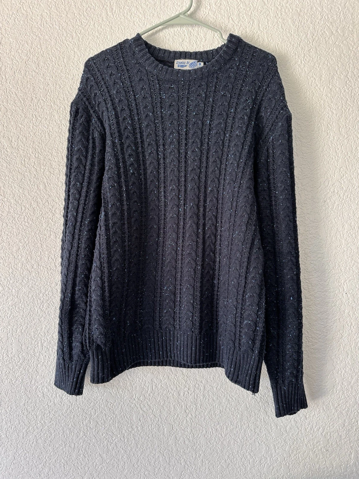Seawool by Wellen Cable Knit Sweater Navy Blue Speckled Crewneck Size Large (S6)