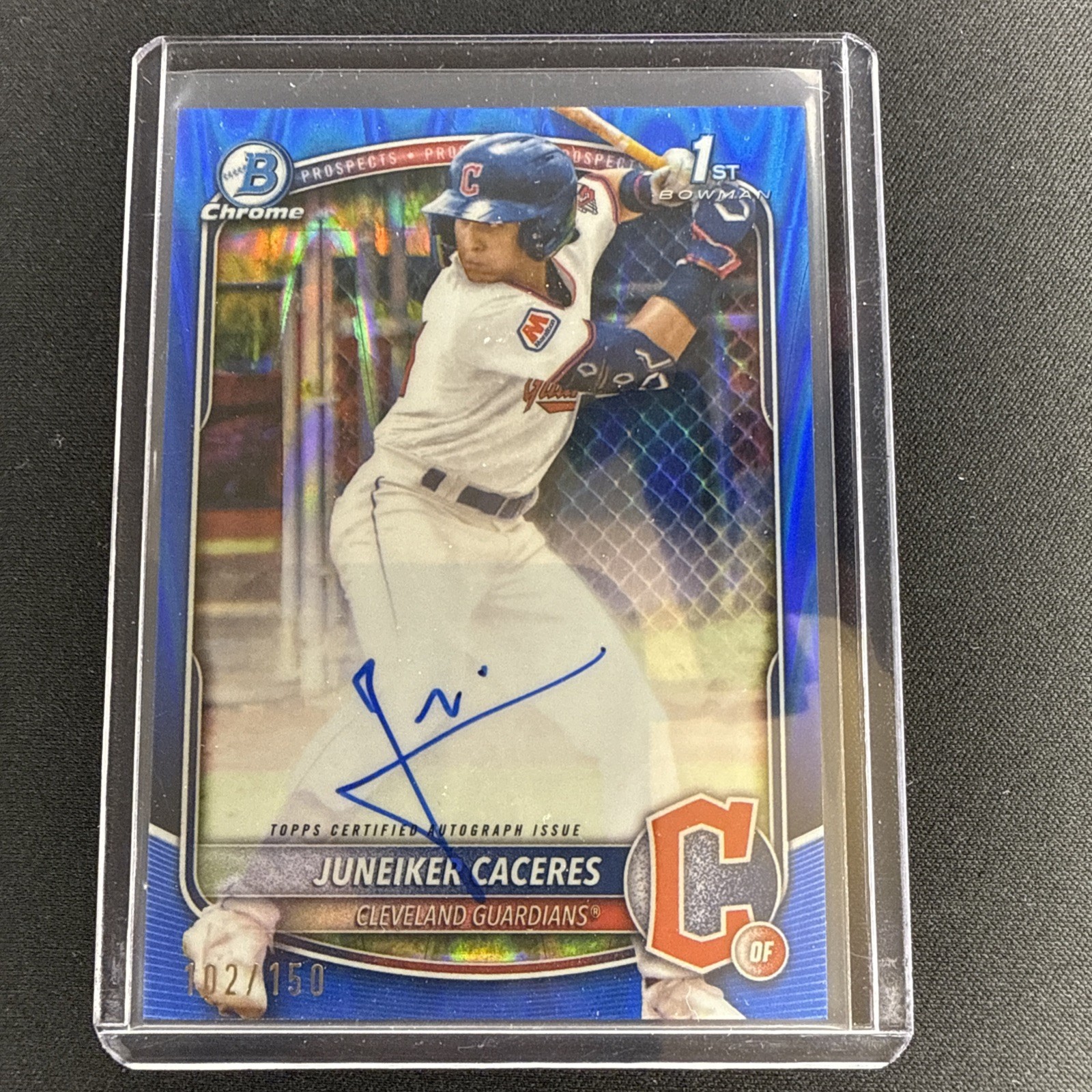 2025 Bowman Chrome 1st JUNEIKER CACERES Prospect Blue Raywave Auto /150 RC/AU