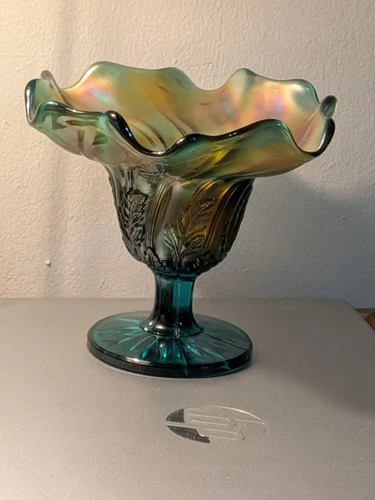 WESTMORELAND CARNIVAL GLASS LEAF SWIRL ANTIQUE TEAL IRIDESCENT COMPOTE