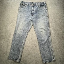 VINTAGE H.I.S HIS Jeans Mens 38x32 Blue Acid Stone Wash Made USA Denim Distress